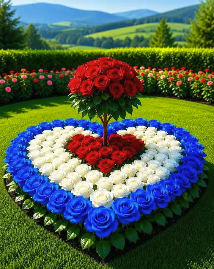 A circular garden arrangement of red, white, and blue roses with a central red rose topiary, set on a green lawn.