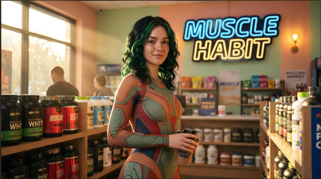 A woman wearing a colorful athletic outfit and standing inside a supplement shop with a neon 'Muscle Habit' sign.