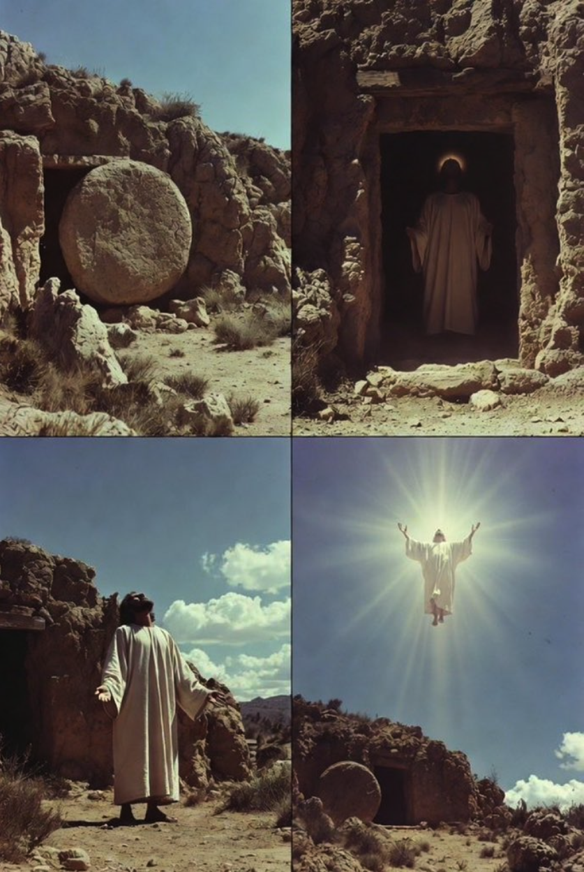Four-panel image showing a figure resembling Jesus Christ emerging from an empty rock tomb and ascending into the sky.