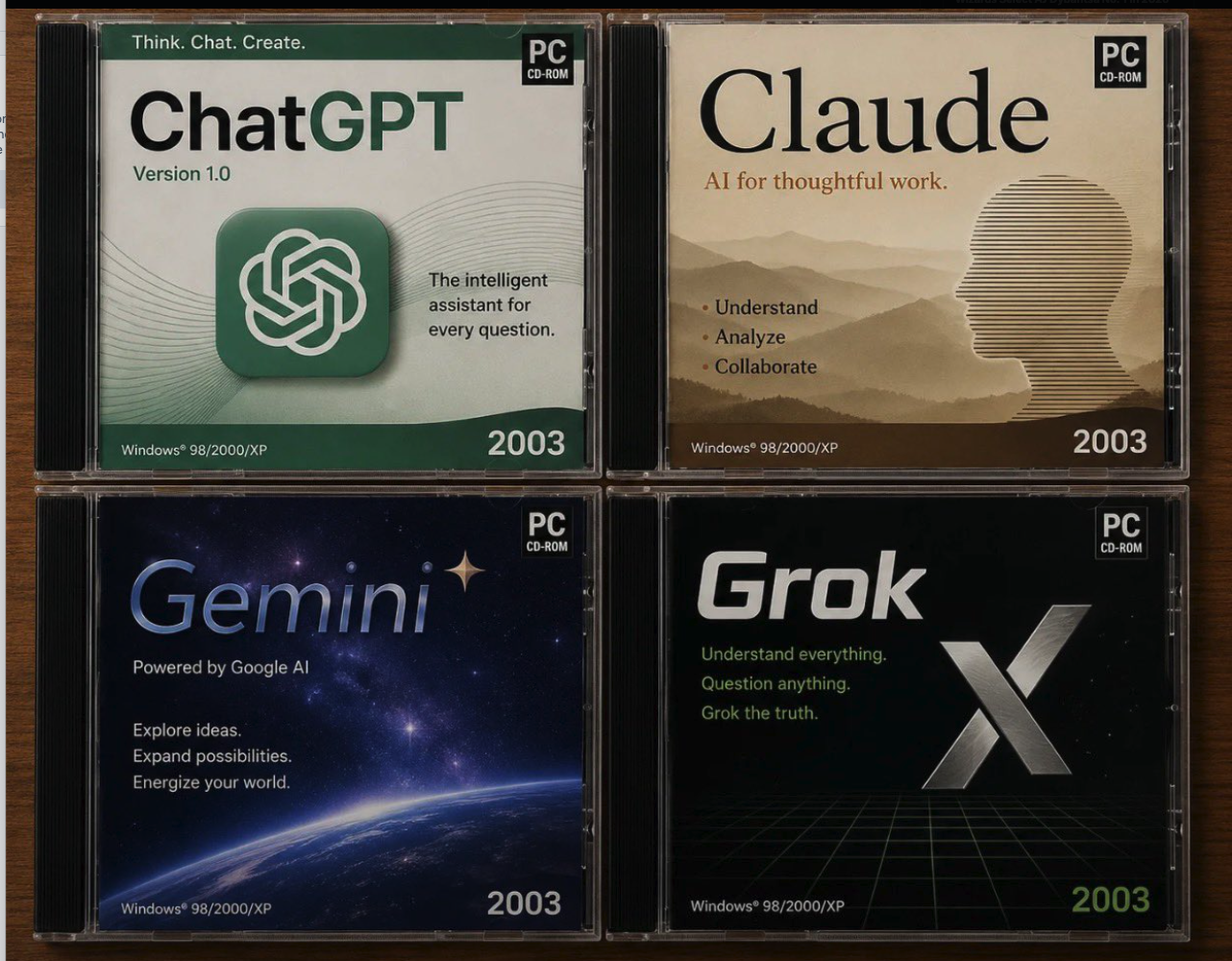 Four retro-style PC CD-ROM jewel cases for ChatGPT, Claude, Gemini, and Grok, styled as 2003 Windows software.