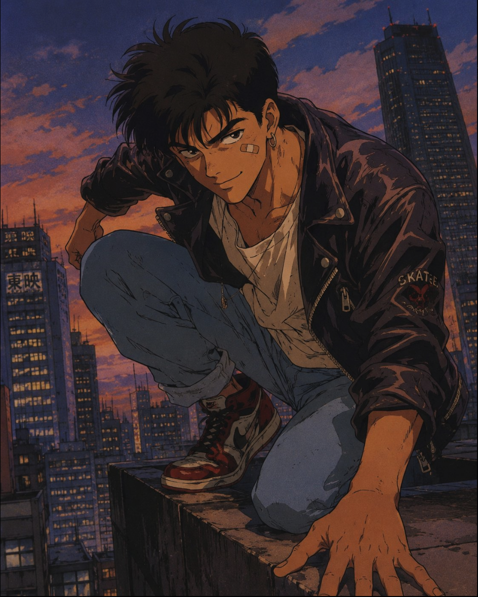 An anime-style illustration of a young man in a leather jacket crouching on a rooftop ledge at sunset with a city skyline behind him.