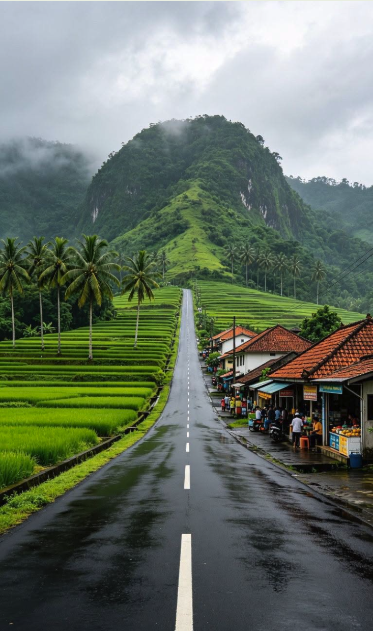 A wet road running through bright green rice paddies lined with palm trees, leading toward a misty green mountain, with a small village of red-roofed houses beside it.