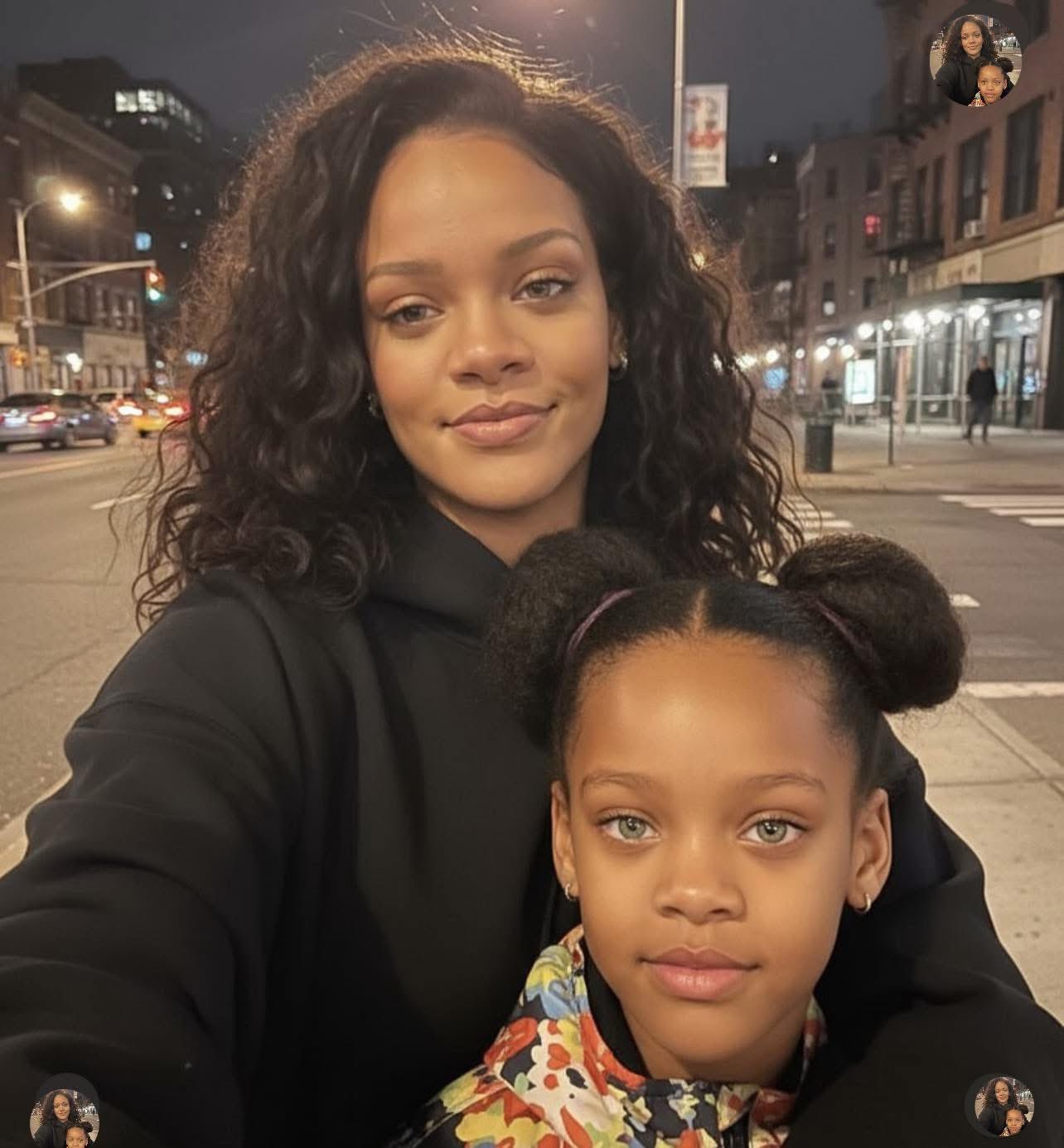A woman resembling Rihanna taking a selfie with a young girl on a nighttime city street.