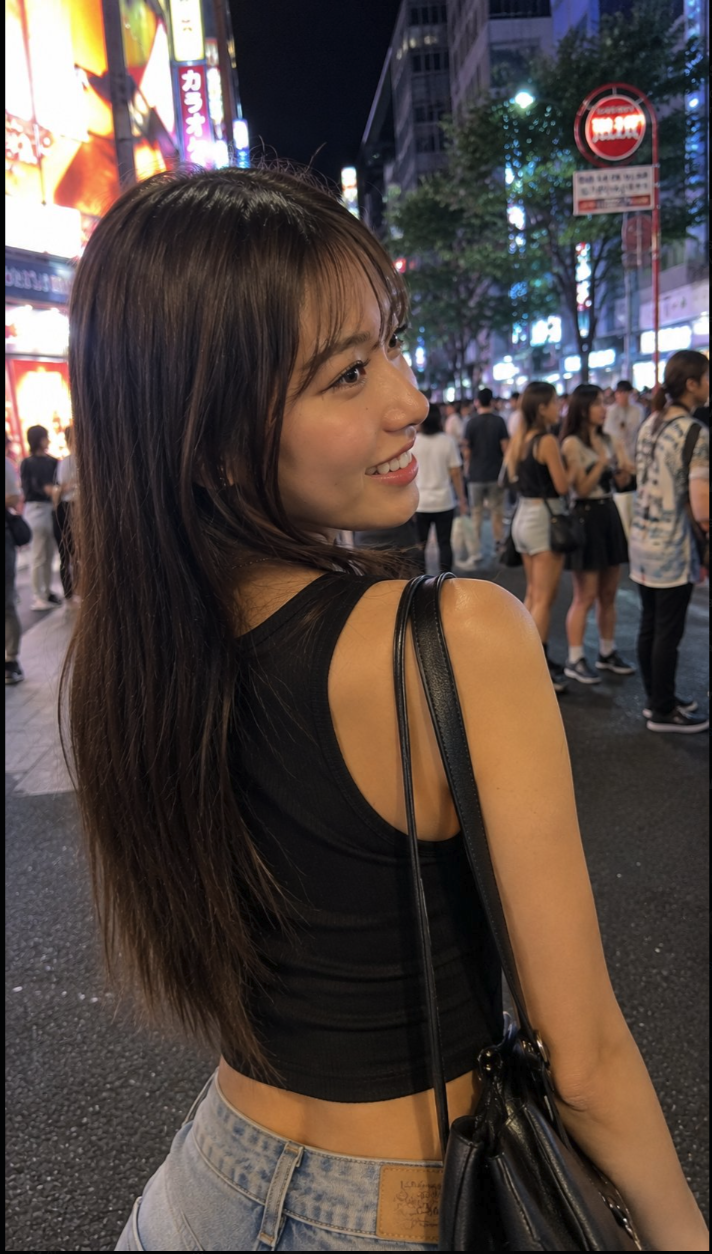 A young woman smiling over her shoulder on a busy Tokyo street at night.