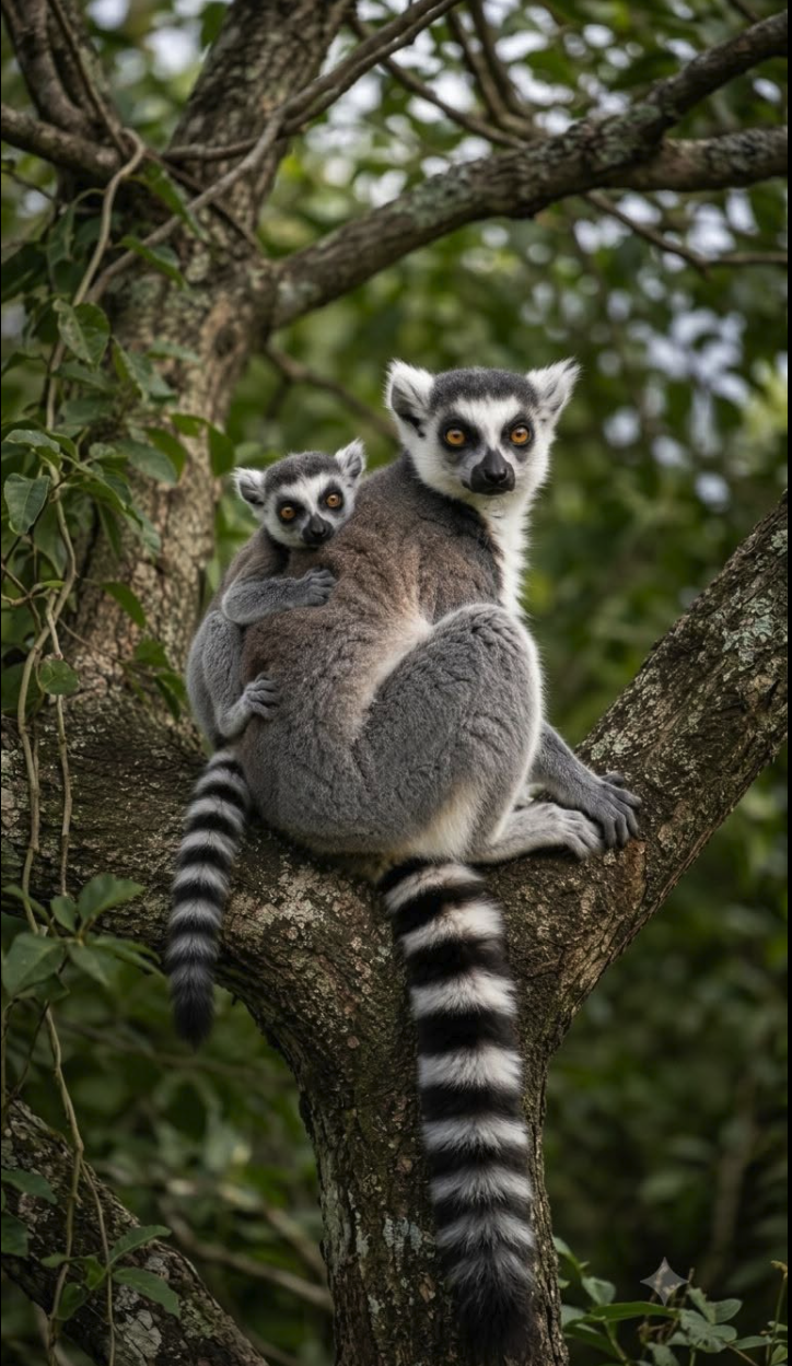 Two ring-tailed lemurs perched in the branches of a tree, with a juvenile clinging to the adult's back.
