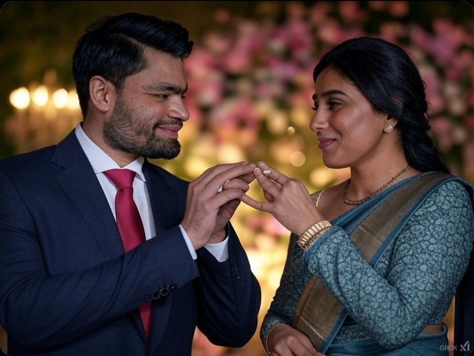 A man resembling Rinku Singh placing a ring on a woman's finger in a warmly lit setting with pink flowers.