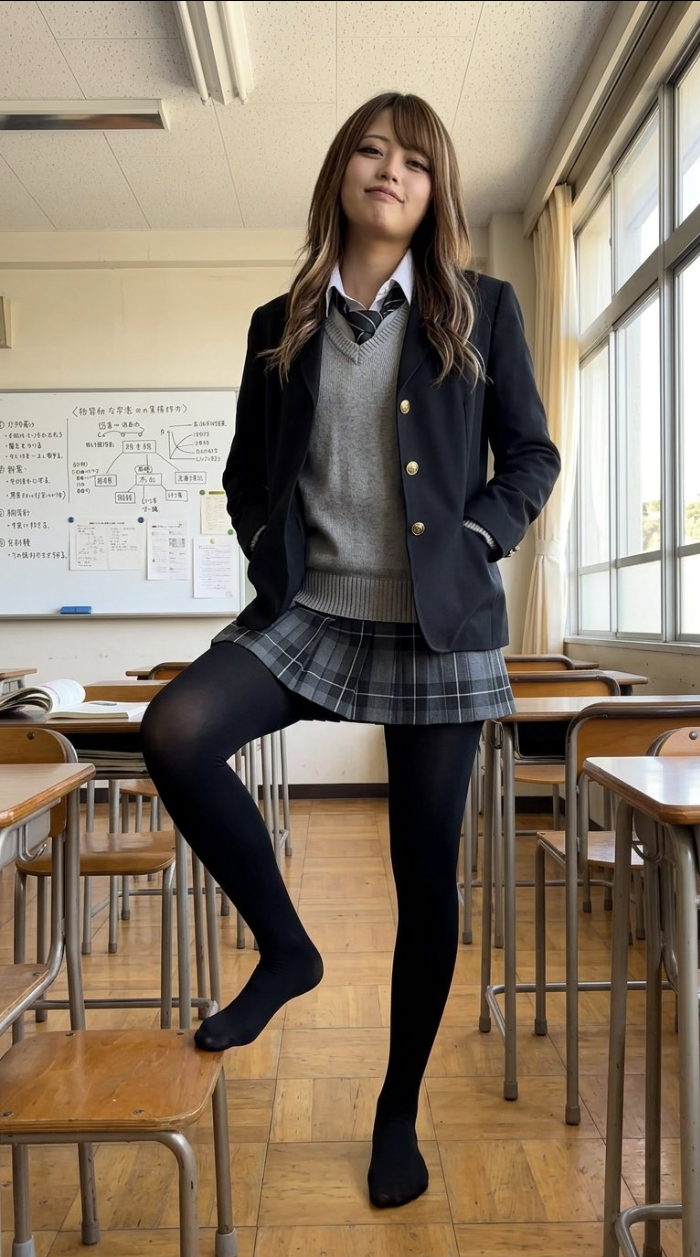 A woman posing with one foot on a desk in a Japanese classroom.