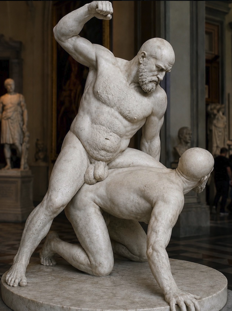 A marble sculpture of two nude muscular male figures in a wrestling pose, displayed in a museum gallery.