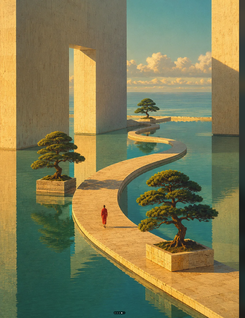A robed figure walks along a curving stone path between reflective pools, bonsai trees, and tall concrete walls, with the sea beyond.