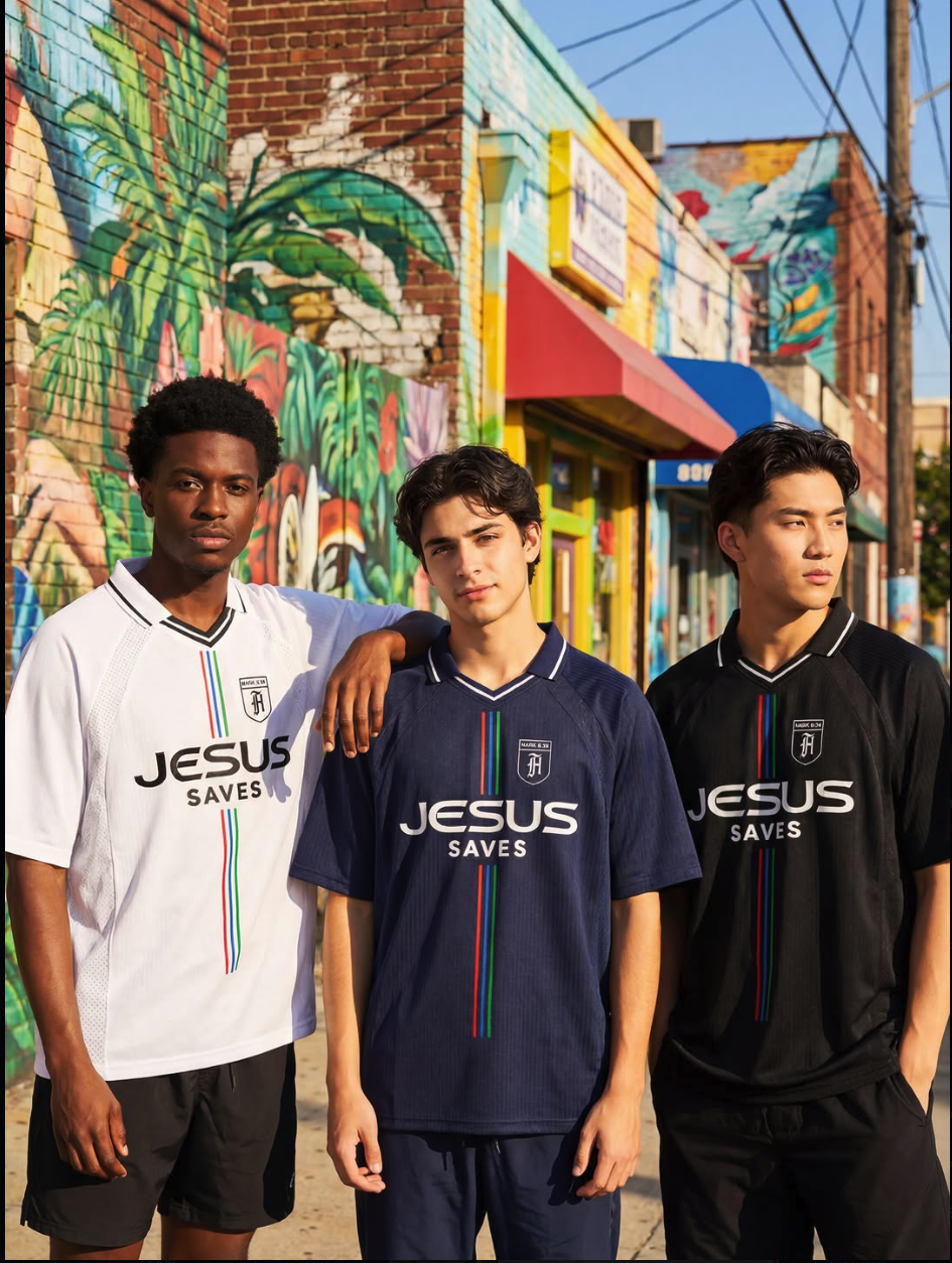 Three young men wearing 'Jesus Saves' soccer jerseys in front of a colorful mural.