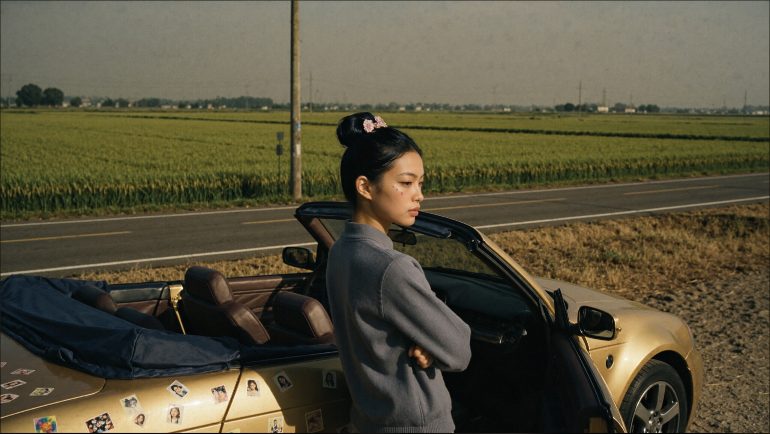 A woman standing beside a gold convertible in a rural landscape.