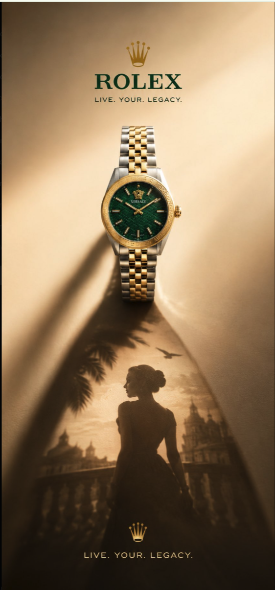 A stylized vertical advertisement showing a two-tone Rolex watch with a green dial above the silhouette of a woman in a long dress against a palace backdrop.