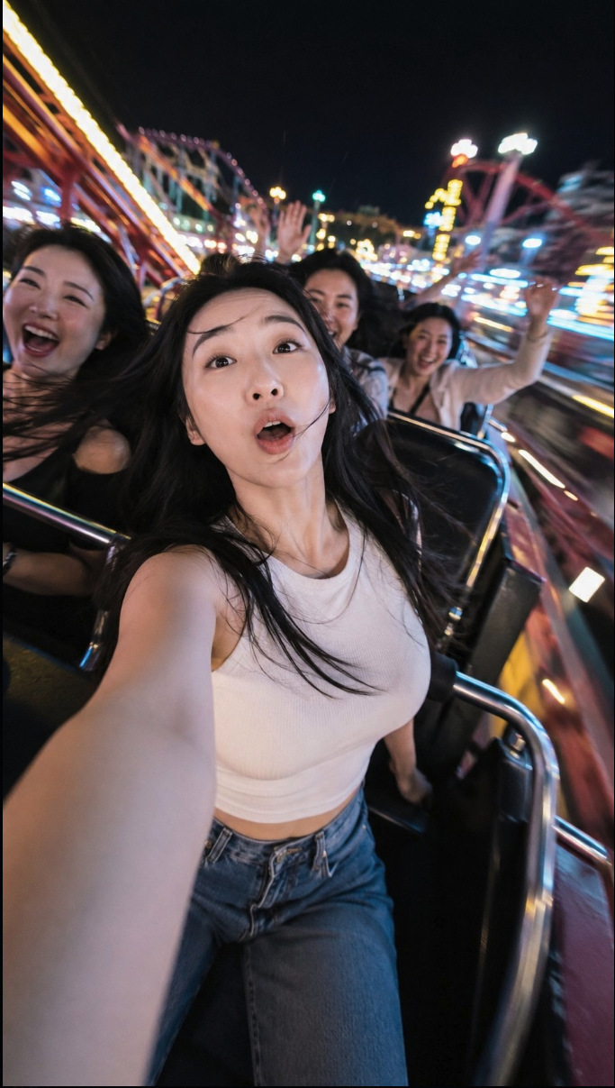 A young woman in the foreground taking a selfie on a roller coaster at night, with several friends behind her amid carnival lights.