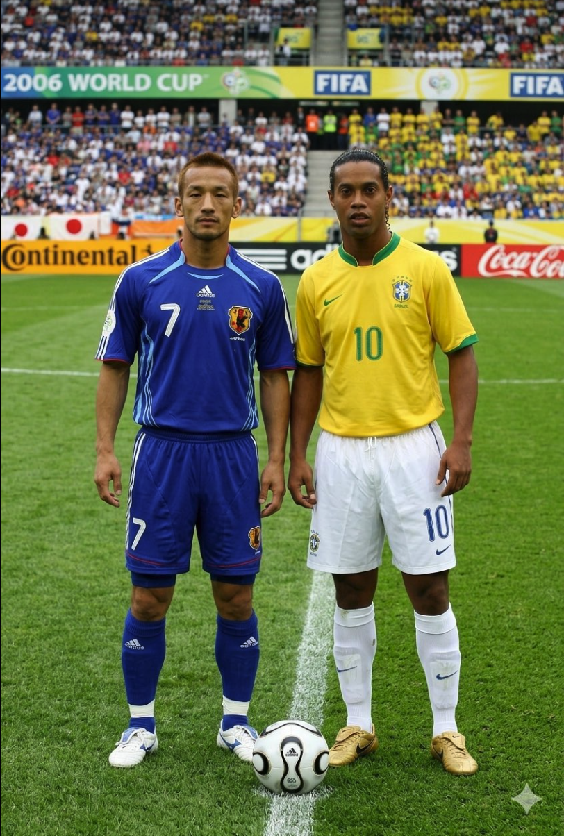 Two men resembling Ronaldinho and Hidetoshi Nakata standing on a football pitch at the 2006 World Cup.