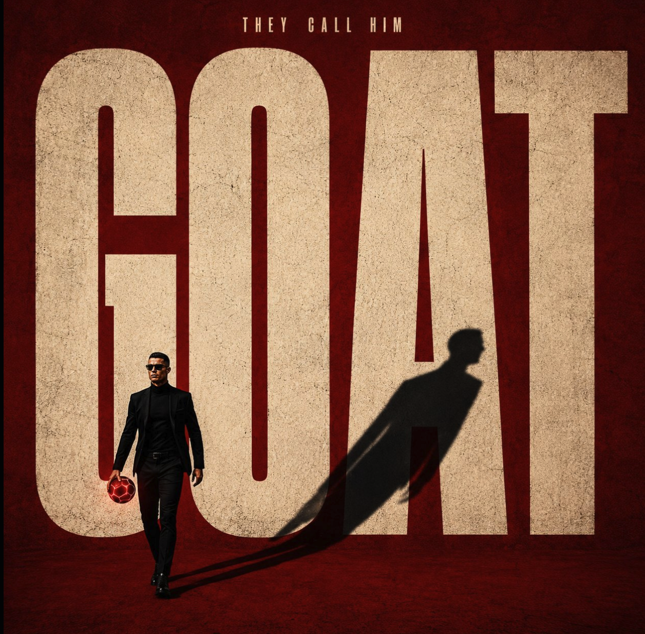 A man resembling Cristiano Ronaldo in a black suit and sunglasses holding a red soccer ball, beside large textured 'GOAT' letters.