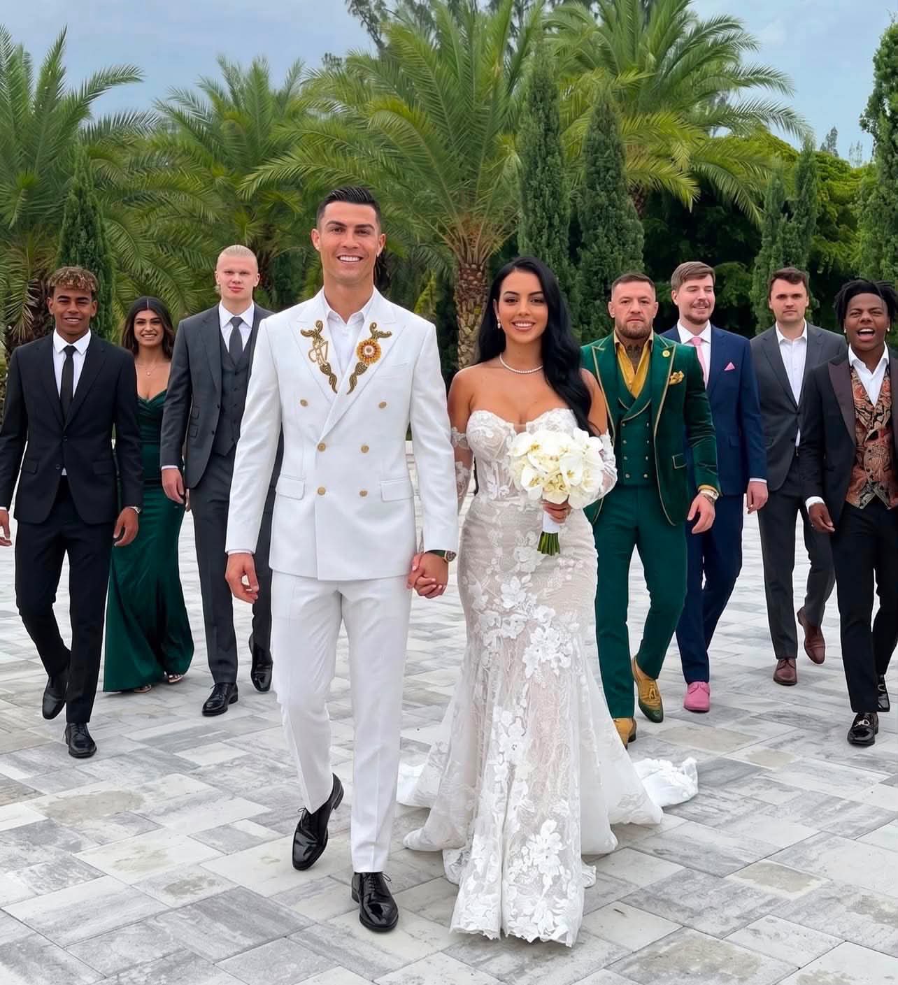 A man resembling Cristiano Ronaldo in a white suit and a woman resembling Georgina Rodríguez in a lace wedding gown, with guests resembling Conor McGregor, Elizabeth Gillies, and MrBeast.