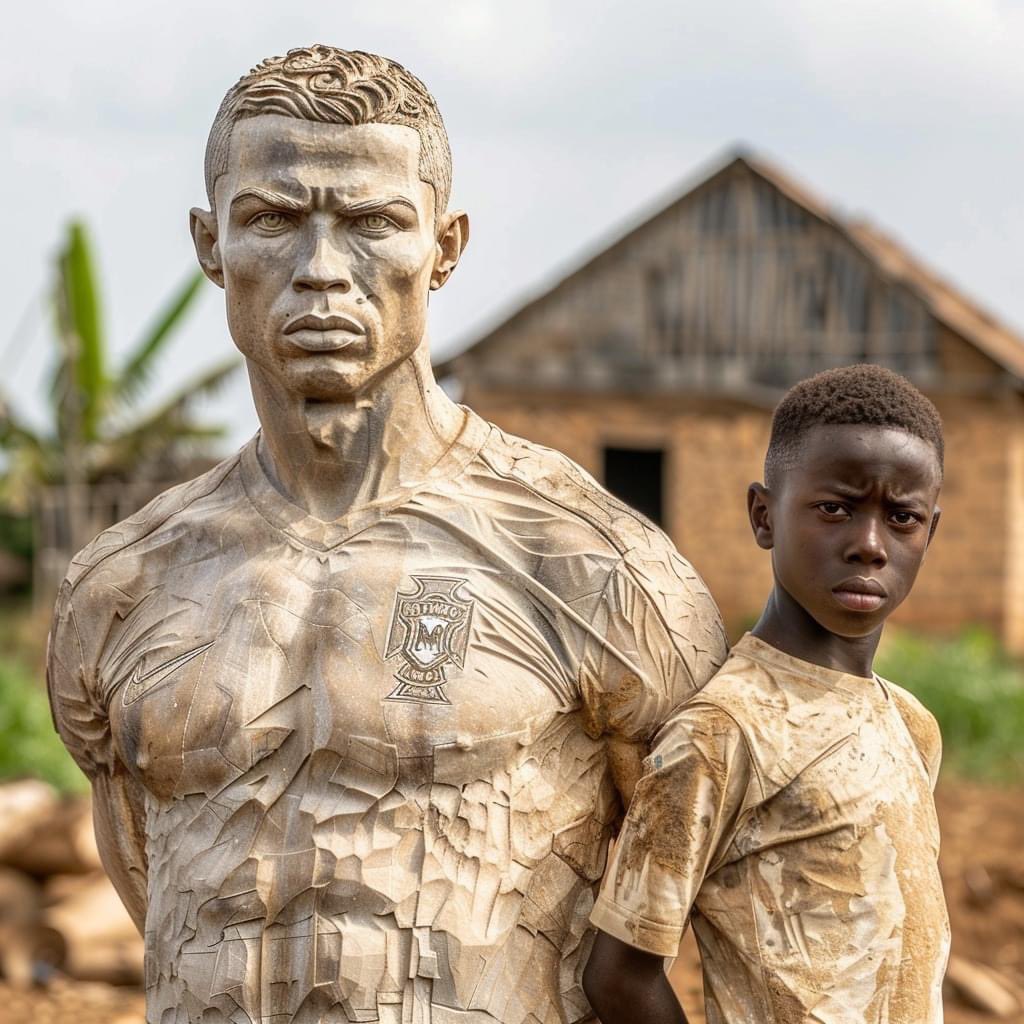 A stone statue resembling Cristiano Ronaldo standing beside a young boy in front of a rural dwelling.