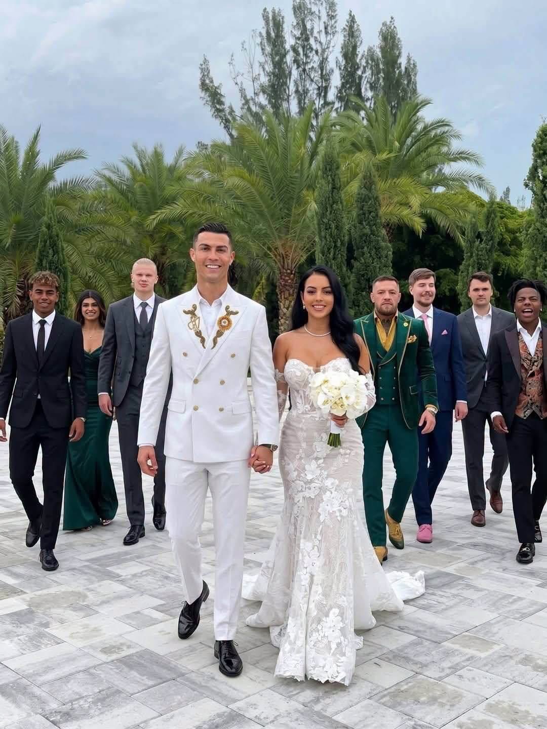 A man resembling Cristiano Ronaldo in a white suit holding hands with a woman in a wedding dress, surrounded by formally dressed people.