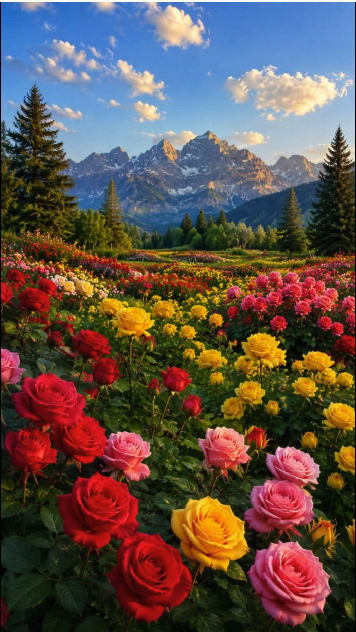 A mountain landscape with a foreground field of colorful red, yellow, and pink roses, evergreen trees, and snow-capped peaks under a blue sky.