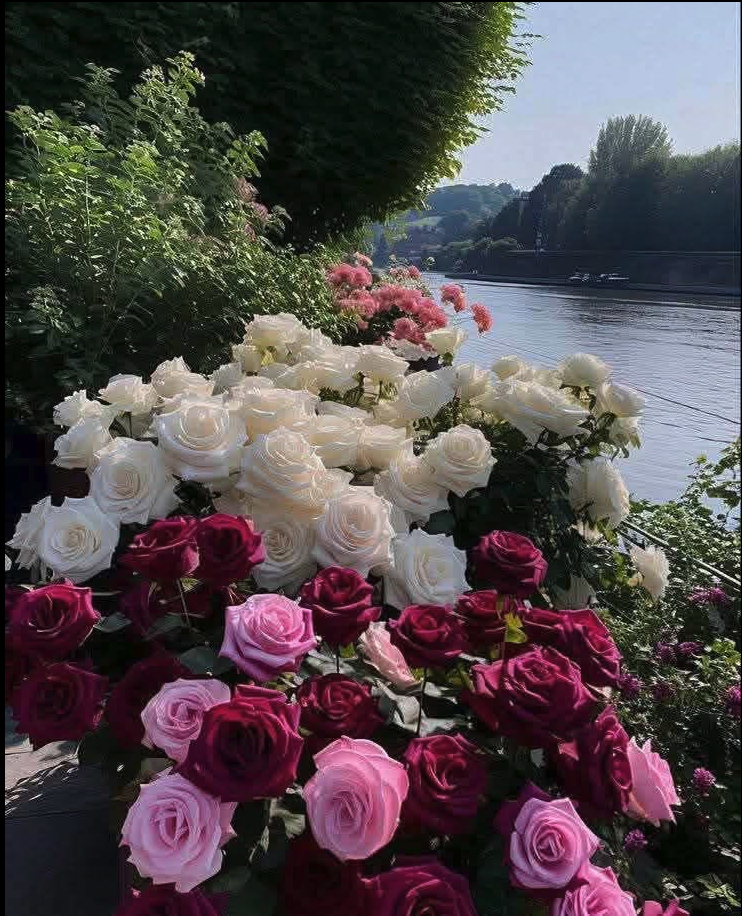 An image of white, pink, and deep red rose bushes blooming along the bank of a calm river.