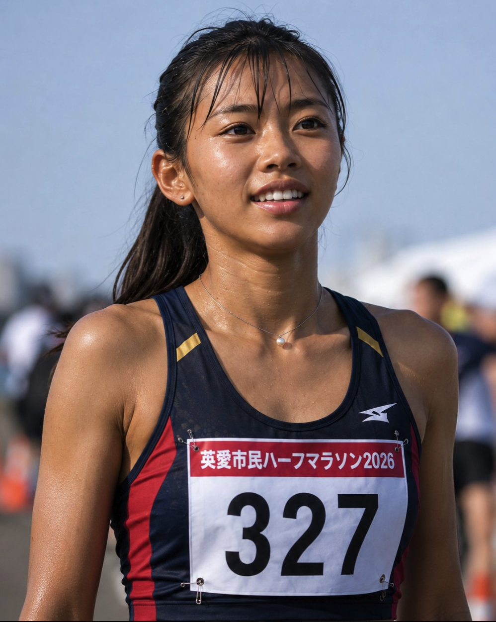 A woman appearing to be a marathon runner wearing a navy Mizuno tank top and race bib 327 outdoors.