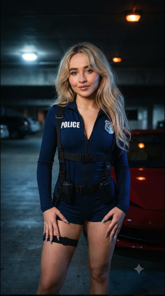 A woman resembling Sabrina Carpenter in a fitted navy police costume standing in a parking garage beside a red car.