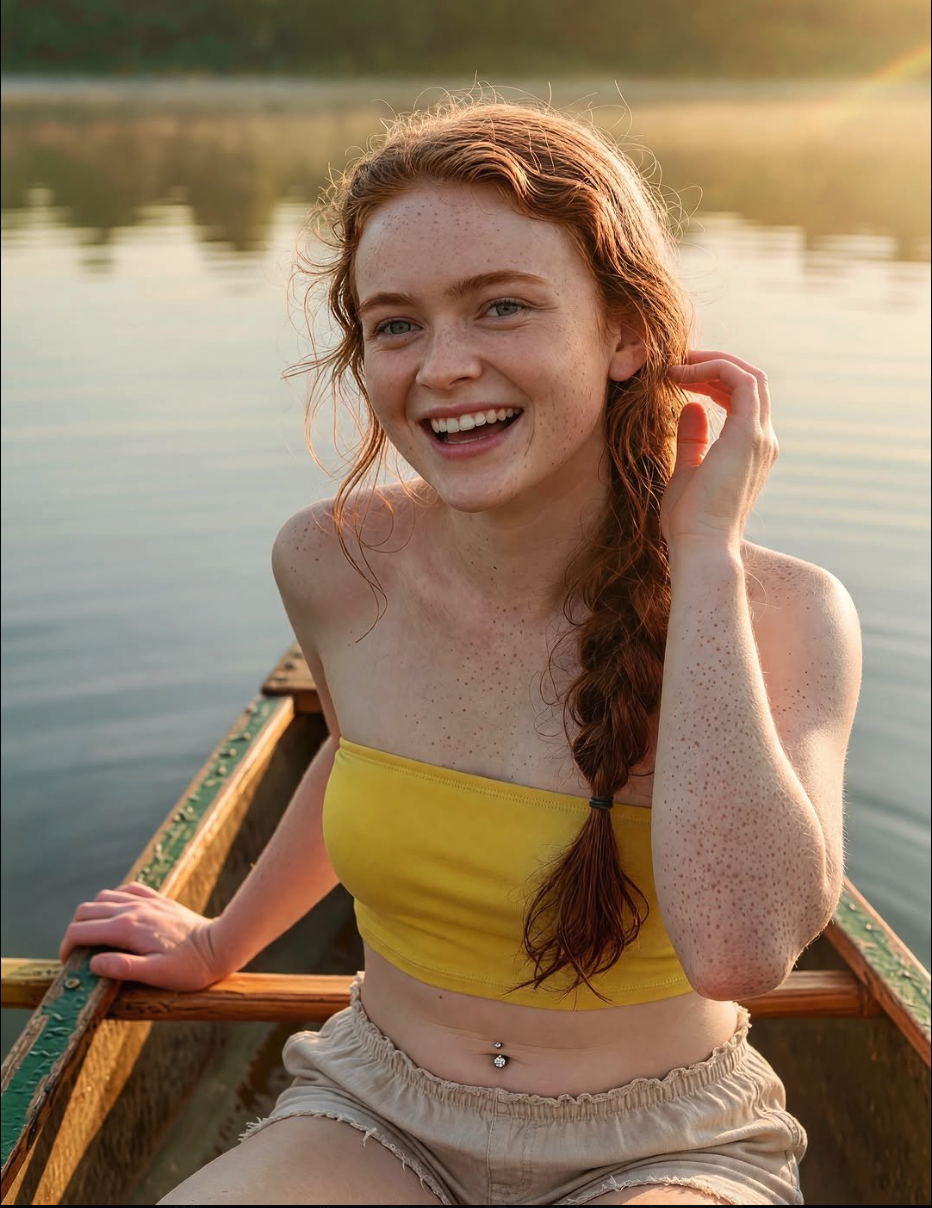 A young woman resembling Sadie Sink seated in a wooden canoe on a calm lake, wearing a yellow bandeau top.