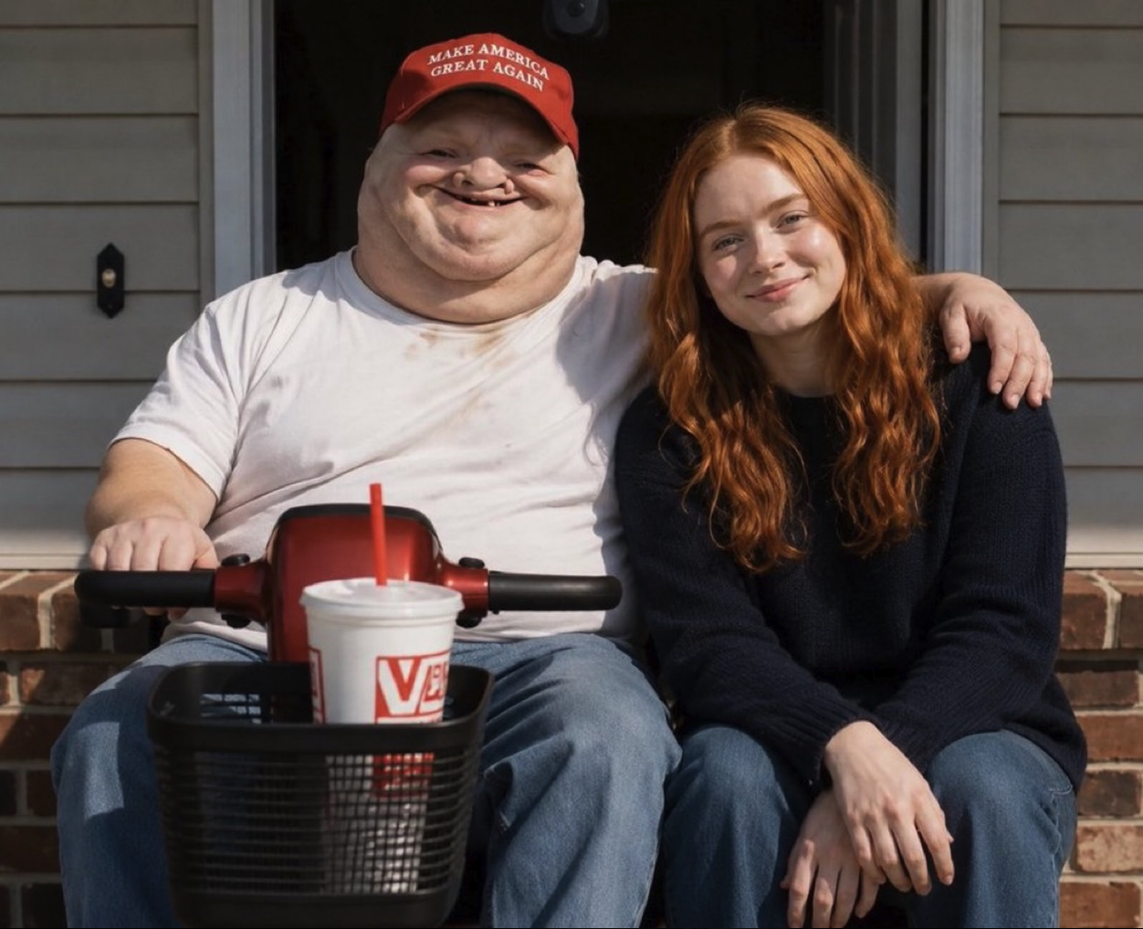 A woman resembling Sadie Sink seated beside a man wearing a red MAGA hat on a brick porch.