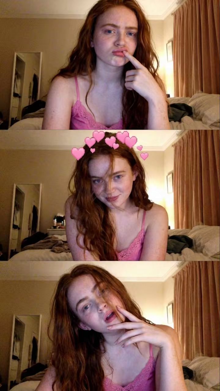 A young woman with red hair resembling Sadie Sink, wearing a pink lace camisole in a bedroom, shown across three panels.