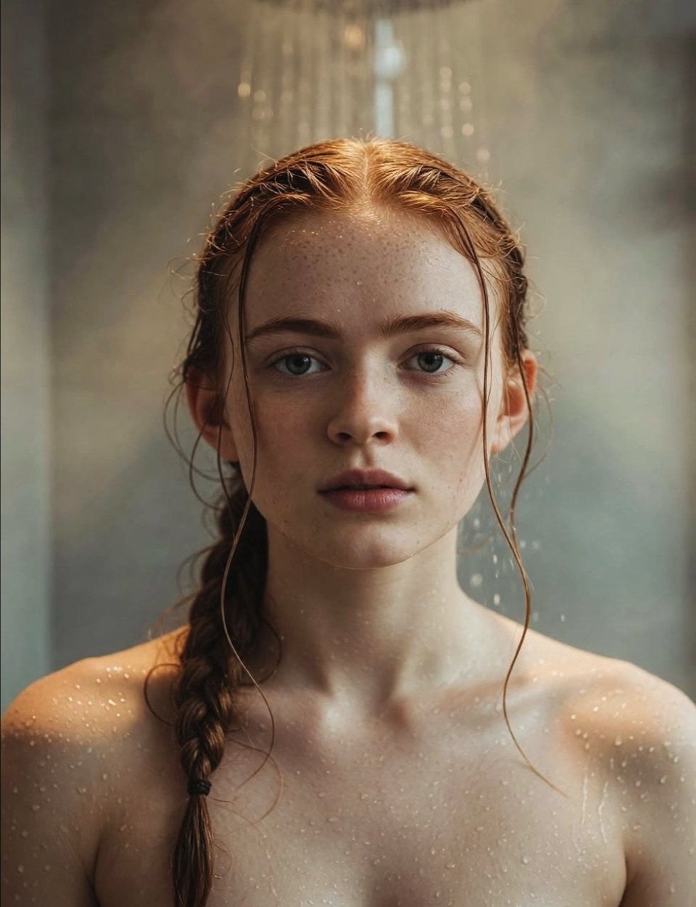 A young woman resembling Sadie Sink standing under running water in a shower, wet red hair and bare shoulders visible.