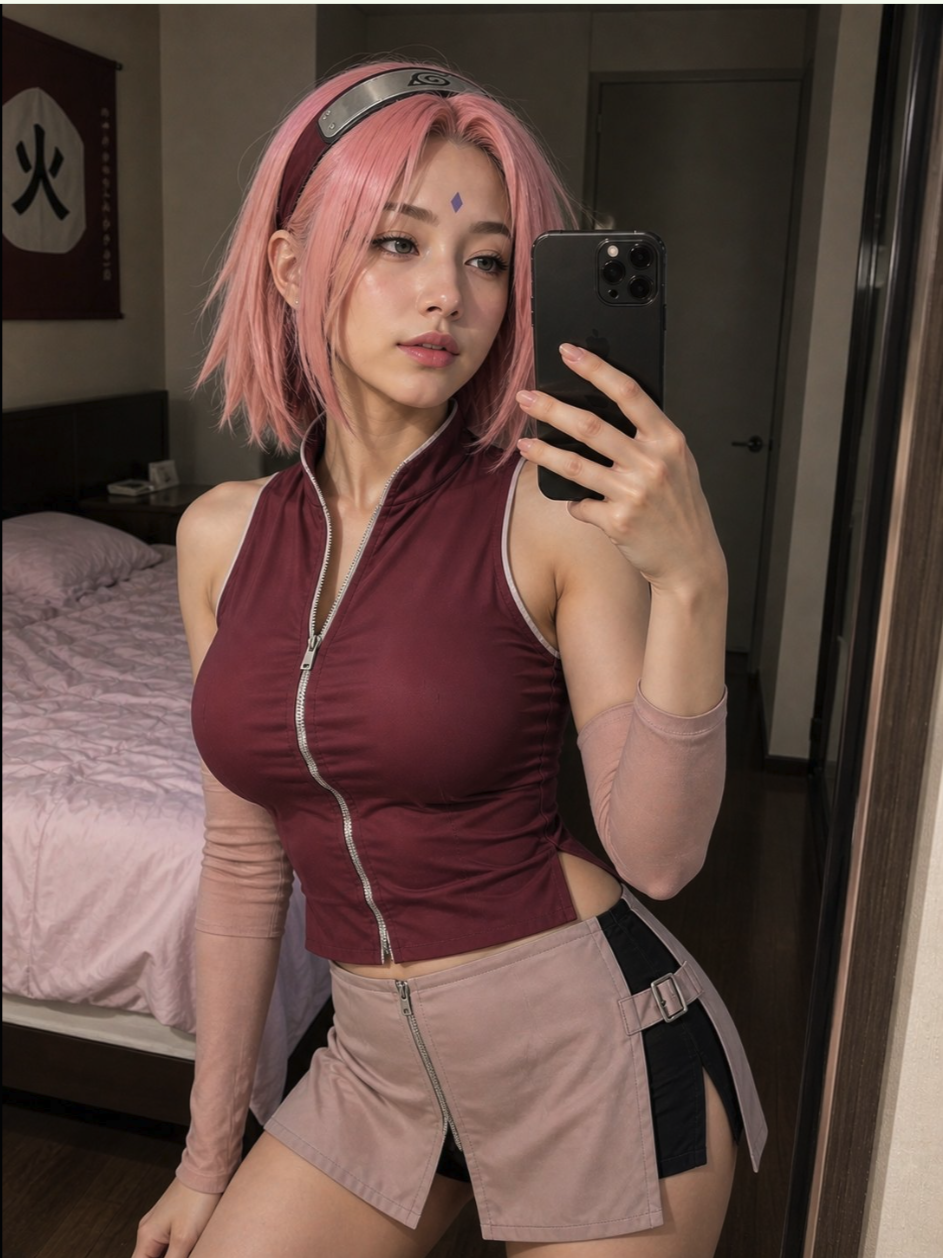 A person with pink hair styled to resemble Sakura Haruno from Naruto taking a mirror selfie in a bedroom.