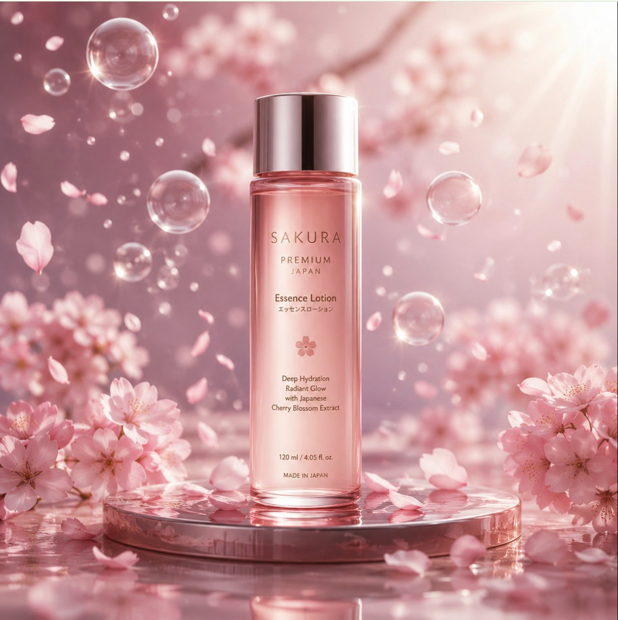 A pink glass bottle labeled 'Sakura Premium Japan Essence Lotion' surrounded by cherry blossoms and bubbles.