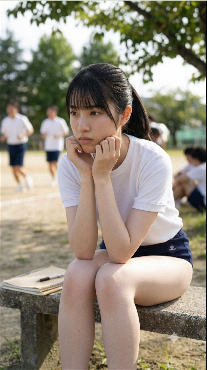A young woman seated on a stone bench outdoors, resting her chin on her hands.