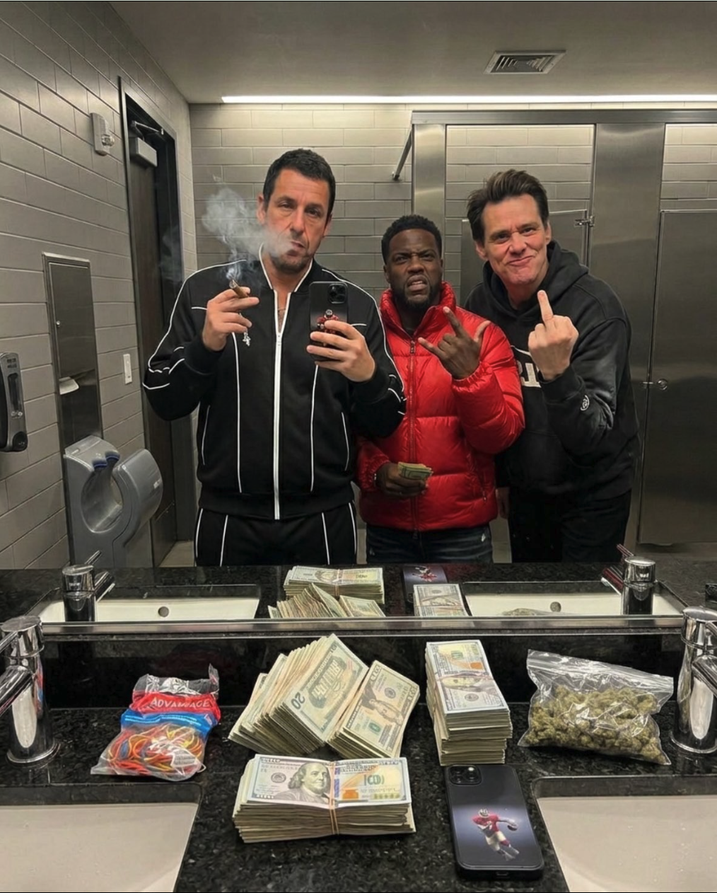 Three men resembling Adam Sandler, Jim Carrey, and Kevin Hart posing together in a restroom, with stacks of cash and plastic baggies on the counter.