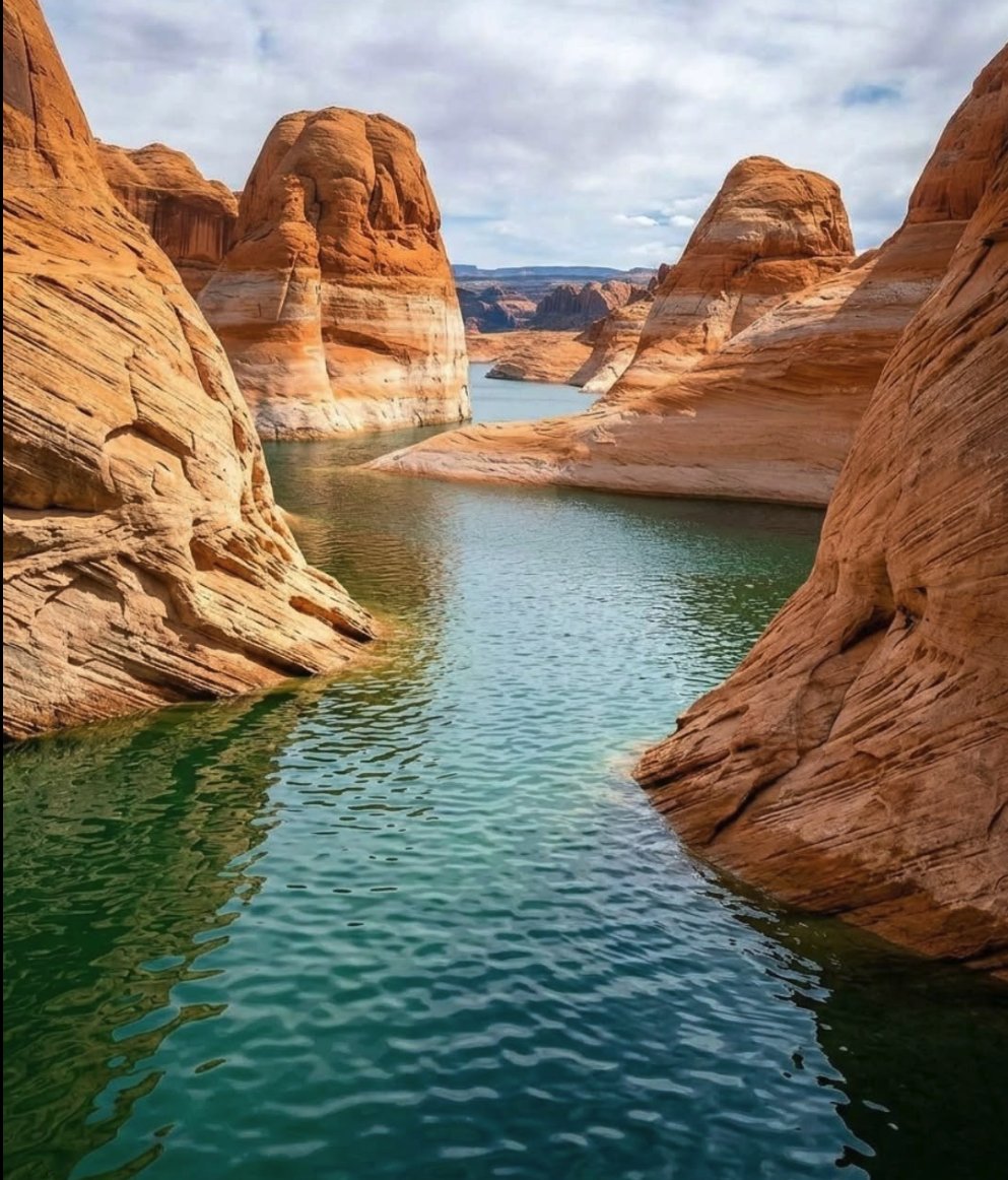 Red sandstone cliffs rising above greenish-blue water in a canyon under a partly cloudy sky.
