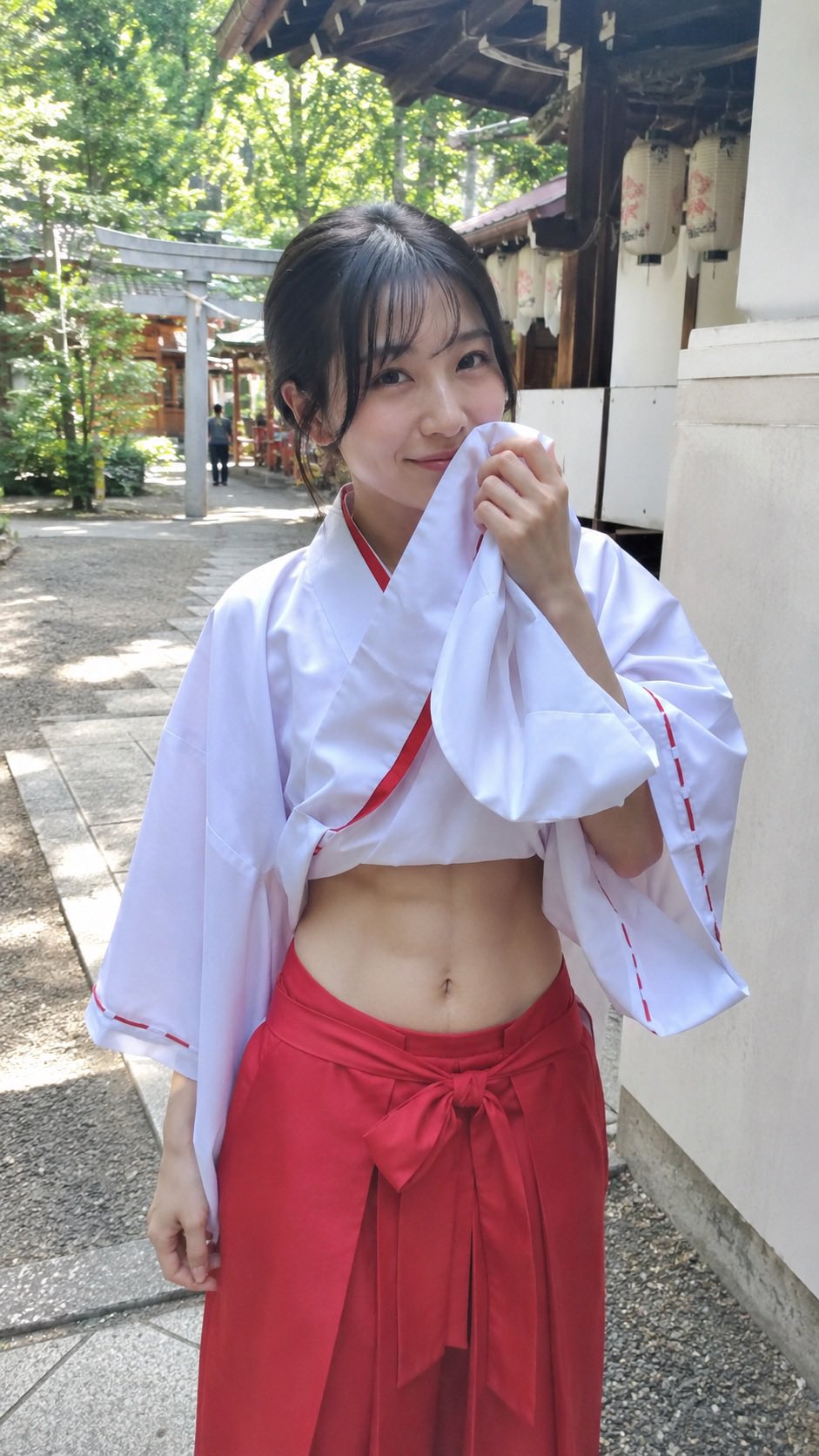 A woman resembling Sayaka Nakaya wearing a white and red miko shrine maiden costume, holding a white cloth to her face.