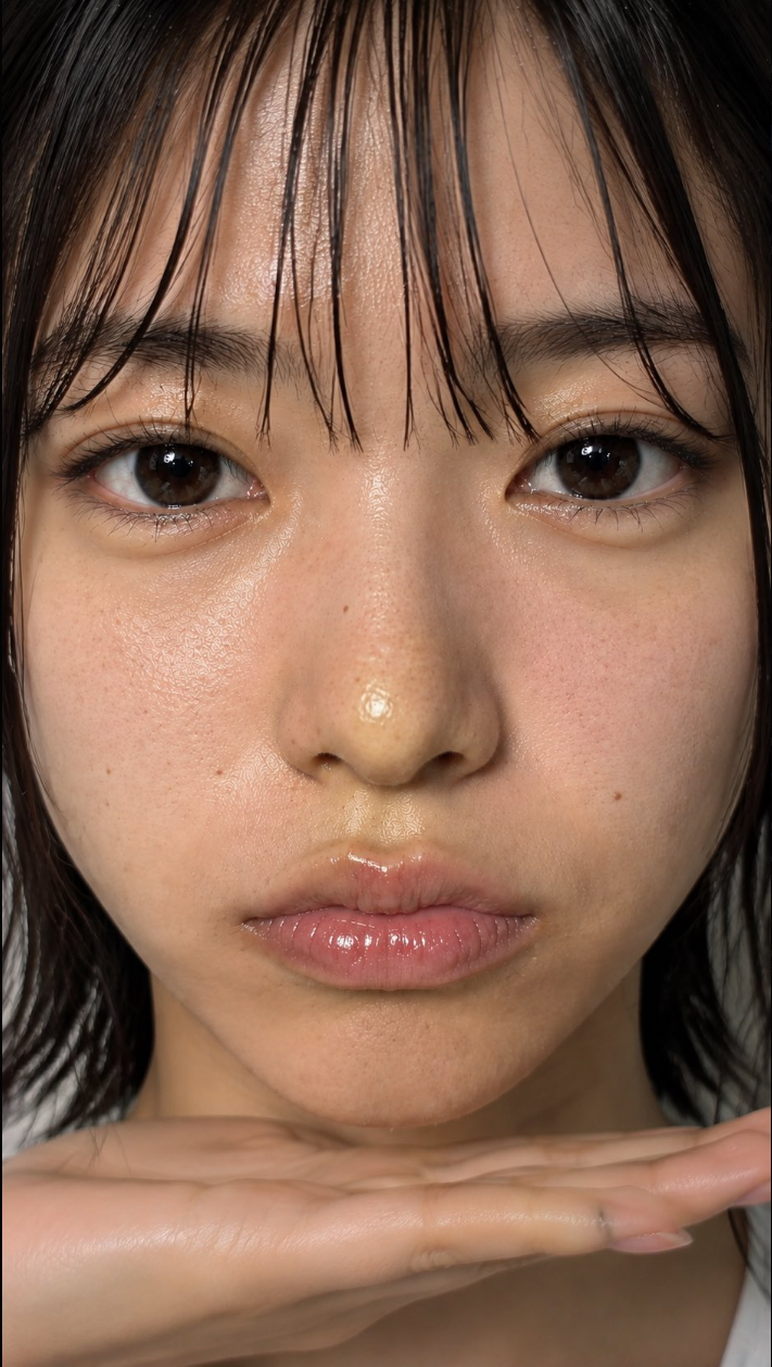 A woman in a close-up portrait with dark bangs and glossy lips, her hand held near her chin.