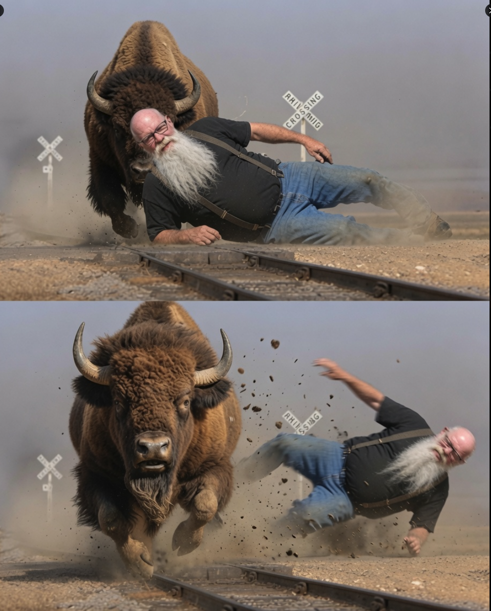 Two-panel image of a bearded man being struck by a charging bison beside a railroad crossing.