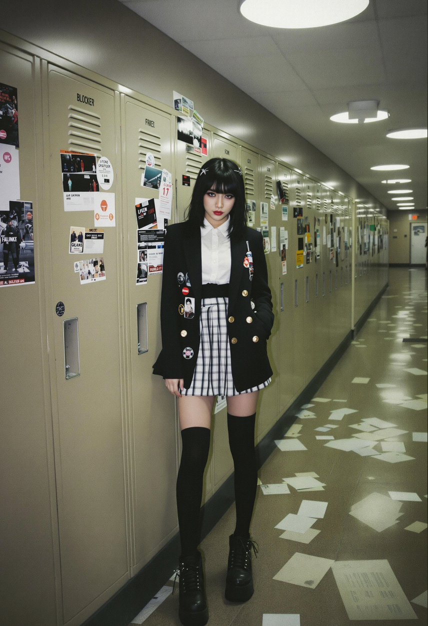 A young woman in a black blazer, plaid skirt, and thigh-high socks standing in a school hallway lined with lockers.