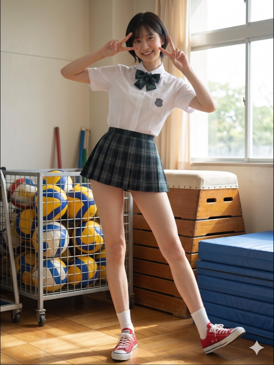A young person in a Japanese-style school uniform making peace signs in a gymnasium equipment room.