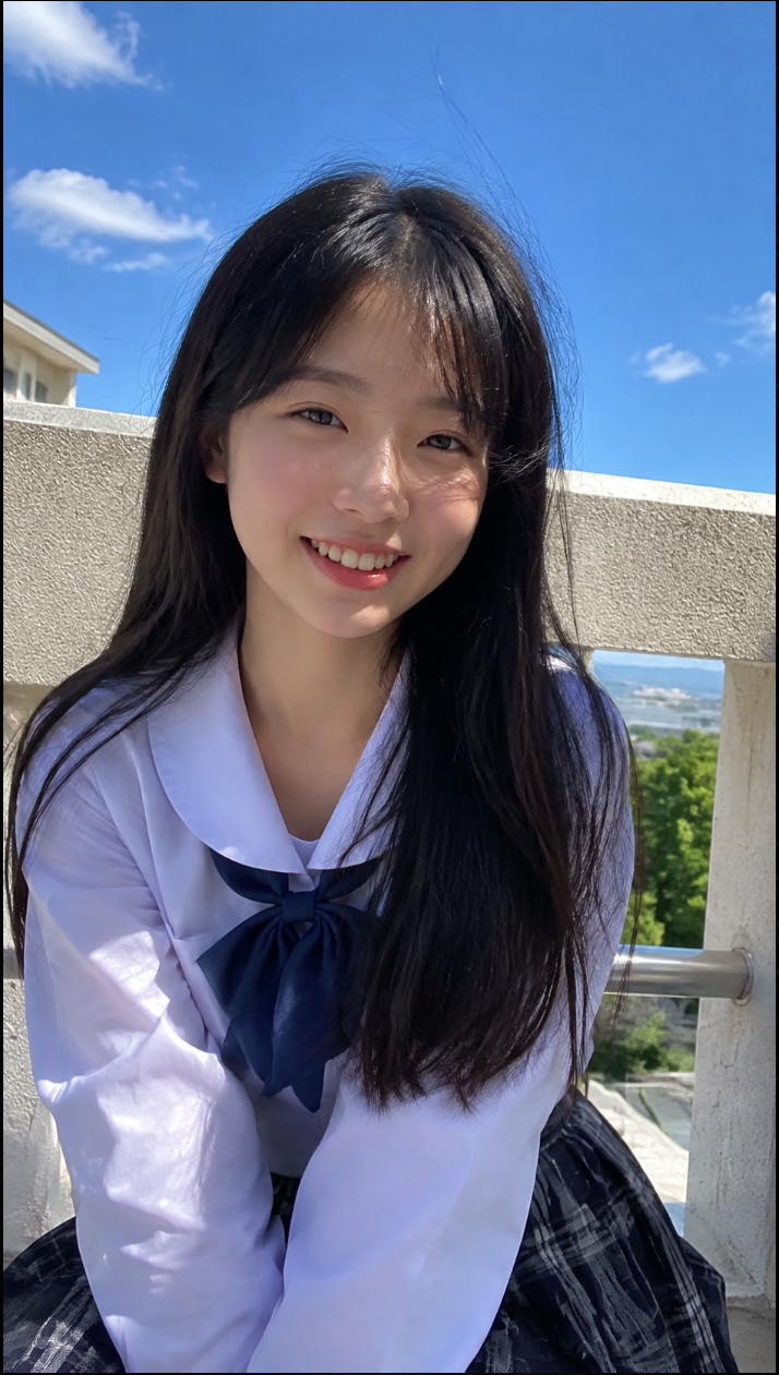 AI-generated-looking portrait of a smiling young person in a white blouse and dark bow tie outdoors.