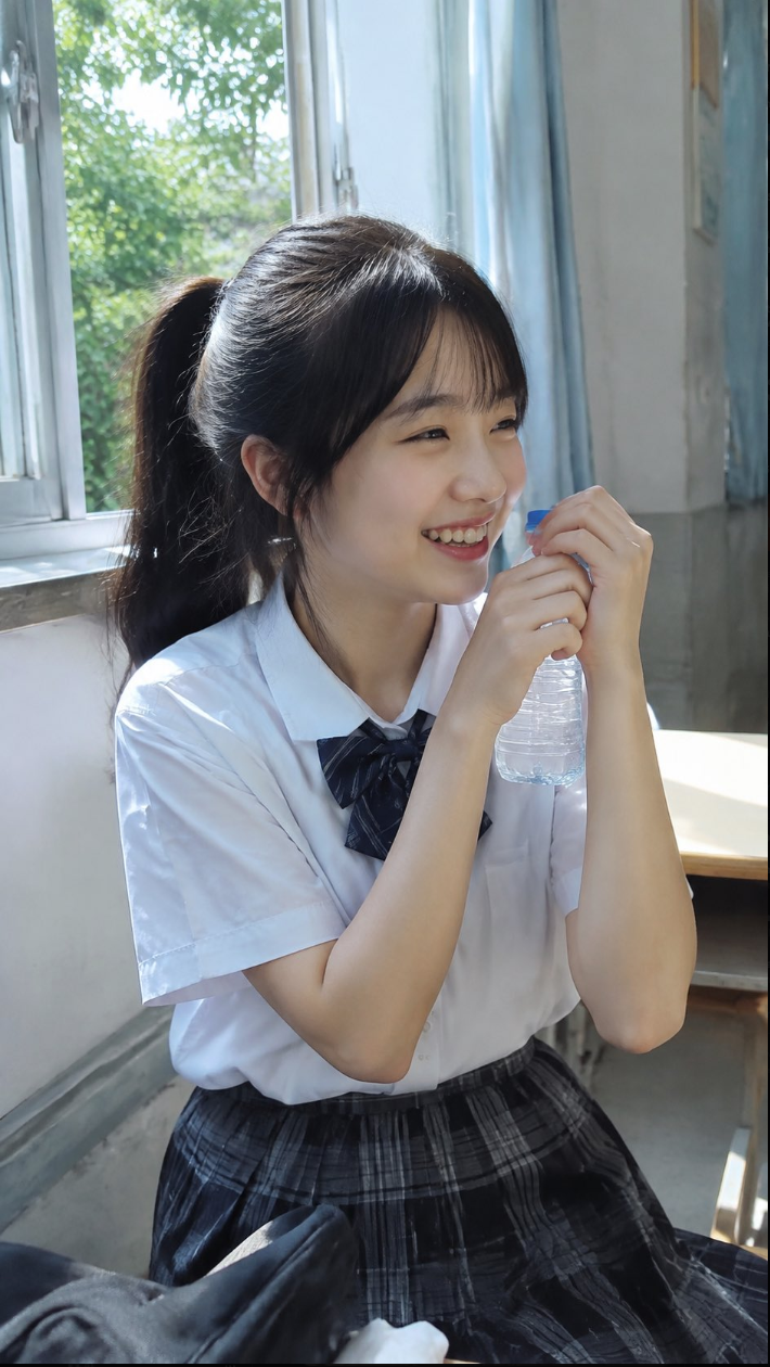 A young woman in a school uniform smiling while holding a water bottle near a window.