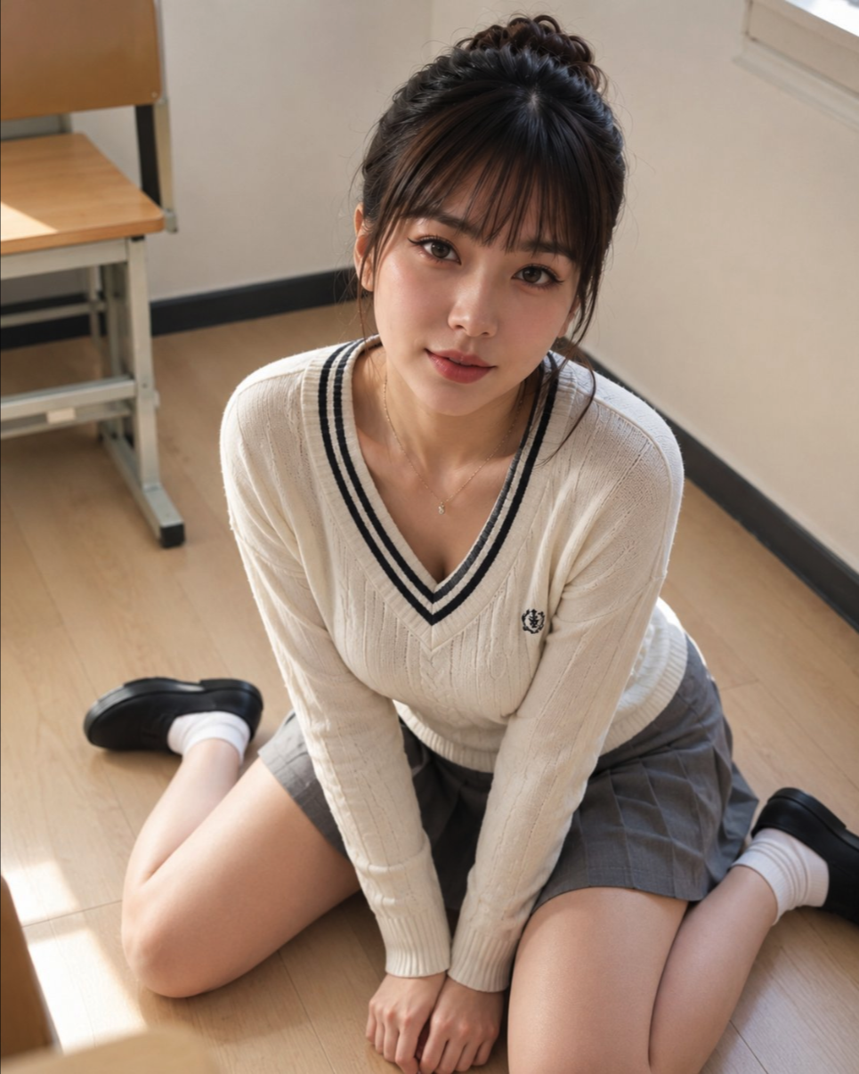 A woman seated on a classroom floor in a school uniform.