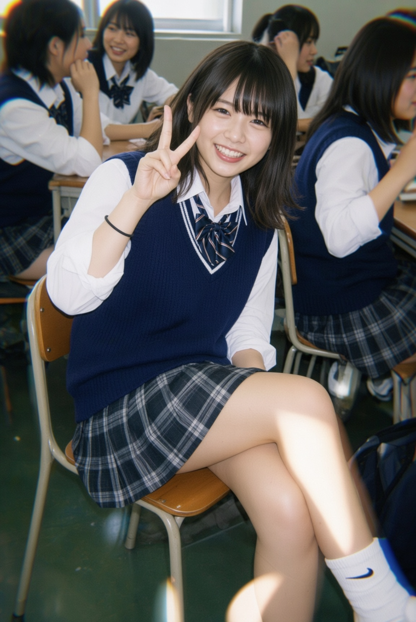 A young woman in a Japanese-style school uniform making a peace sign, seated in a classroom with other students in uniform in the background.