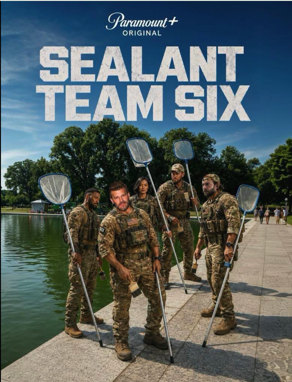 Five people resembling David Boreanaz, Kyle Schmid, and Lin Laishram in military camouflage holding pool skimmers beside a reflecting pool.