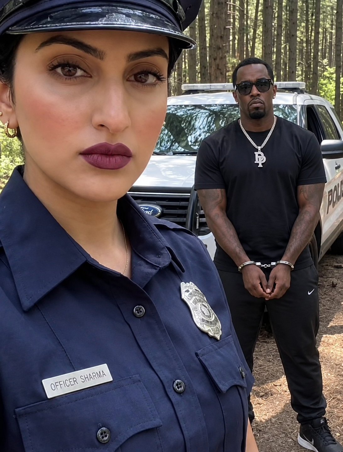 A woman resembling an officer labeled 'Officer Sharma' standing in the foreground, with a man resembling Sean Combs in handcuffs behind her near a police SUV.