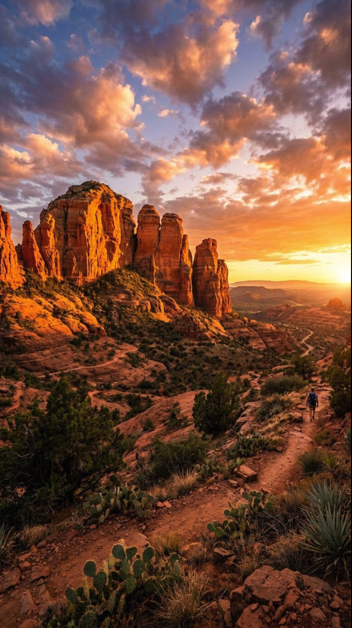 A hiker on a desert trail surrounded by red rock formations and prickly pear cacti under a sunset sky.