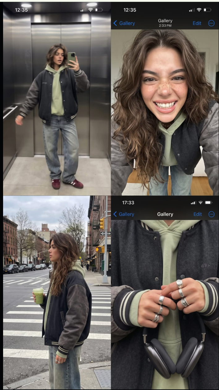 Four-panel collage of a young woman with brown wavy hair in casual selfie settings: an elevator, a close-up smile, a street crosswalk, and hands holding headphones.