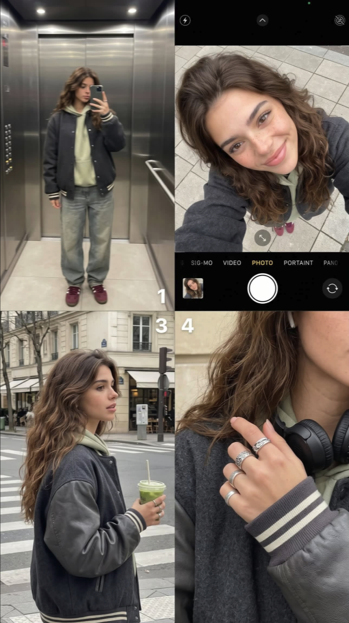 Four-panel collage of a young woman n various selfie poses wearing a gray varsity jacket.