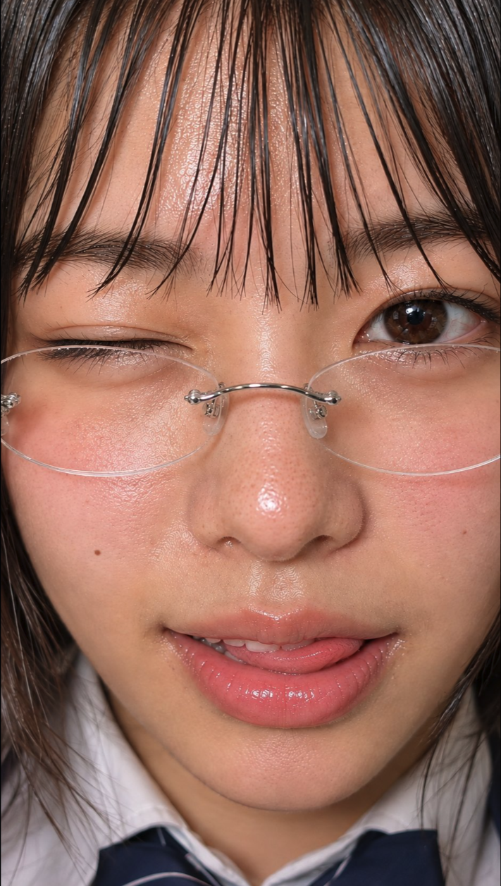 A close-up selfie of an unidentified young woman wearing rimless glasses and a school uniform.